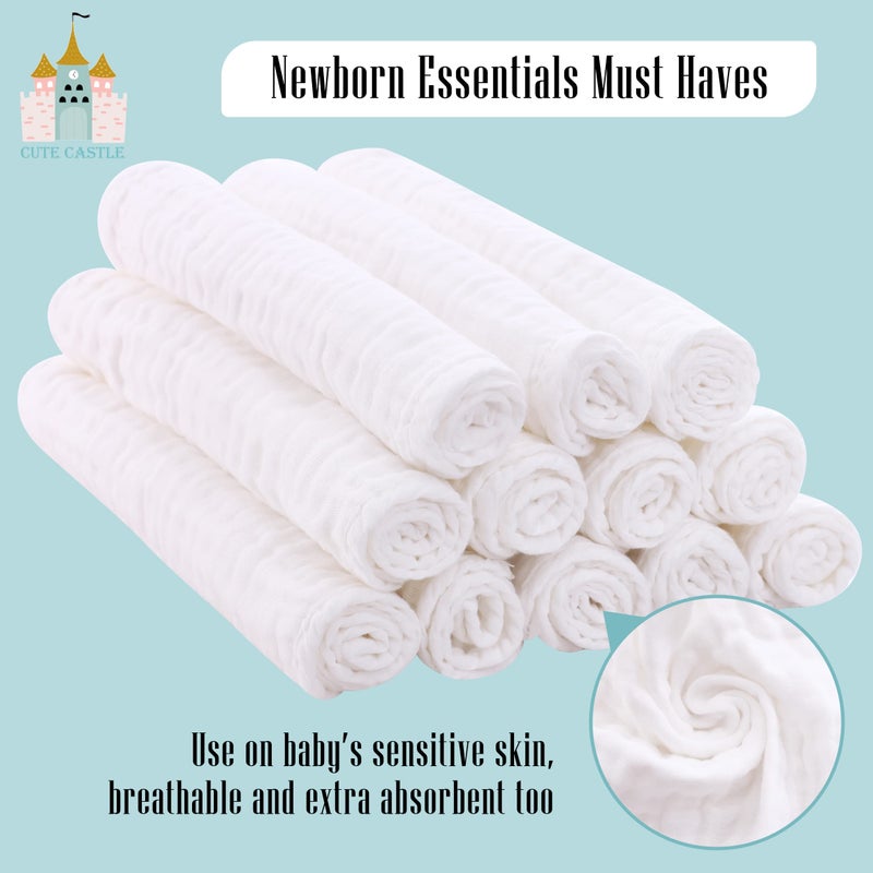 Cute Castle 24 Pack Muslin Baby Burp Cloths - Ultra-Soft 100% Cotton Baby Washcloths - Large 20'' by 10'' Super Absorbent Milk Spit Up Rags - Burpy Cloths for Unisex, Boy, Girl - White - Image 5
